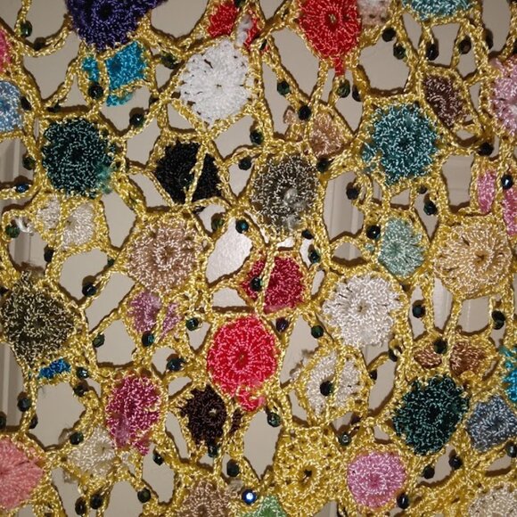 Multi color over the head crochet shawl with yellow fringe. - Picture 2 of 2